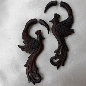 Wooden Peacock Faux Gauge Earrings